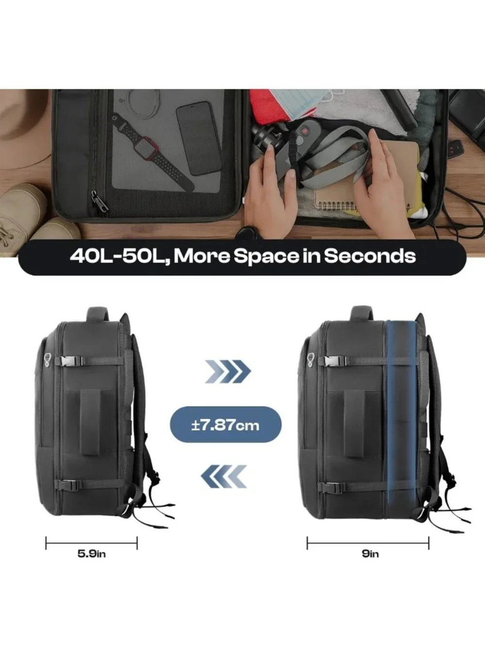 Extra Large 40L-50L Carry-On Backpack, Expandable, Water-Resistant, TSA